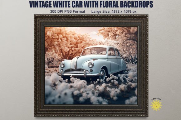 Vintage White Car with Floral Backdrop