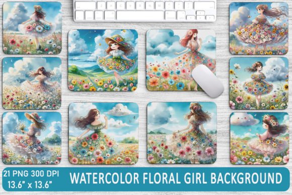 Watercolor Floral Girl Background Bundle