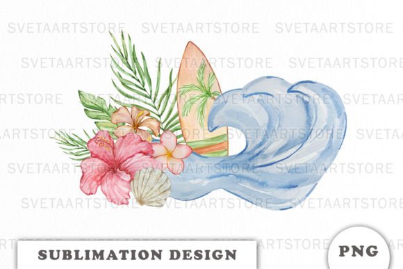 Watercolor Surf Board with Wave PNG